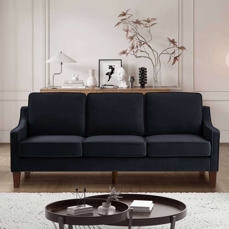 Black Modern 74" Velvet 3-seater Upholstered Sofa with Scooped Armrest and Removable Cushions for Living Room - Black