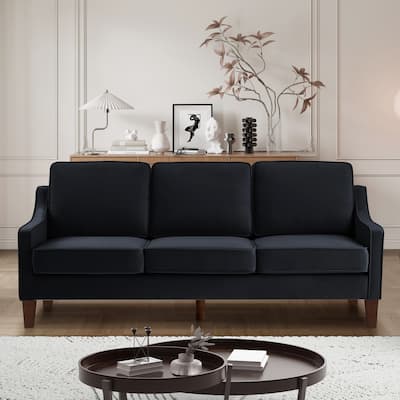 Black Modern 74" Velvet 3-seater Upholstered Sofa with Scooped Armrest and Removable Cushions for Living Room