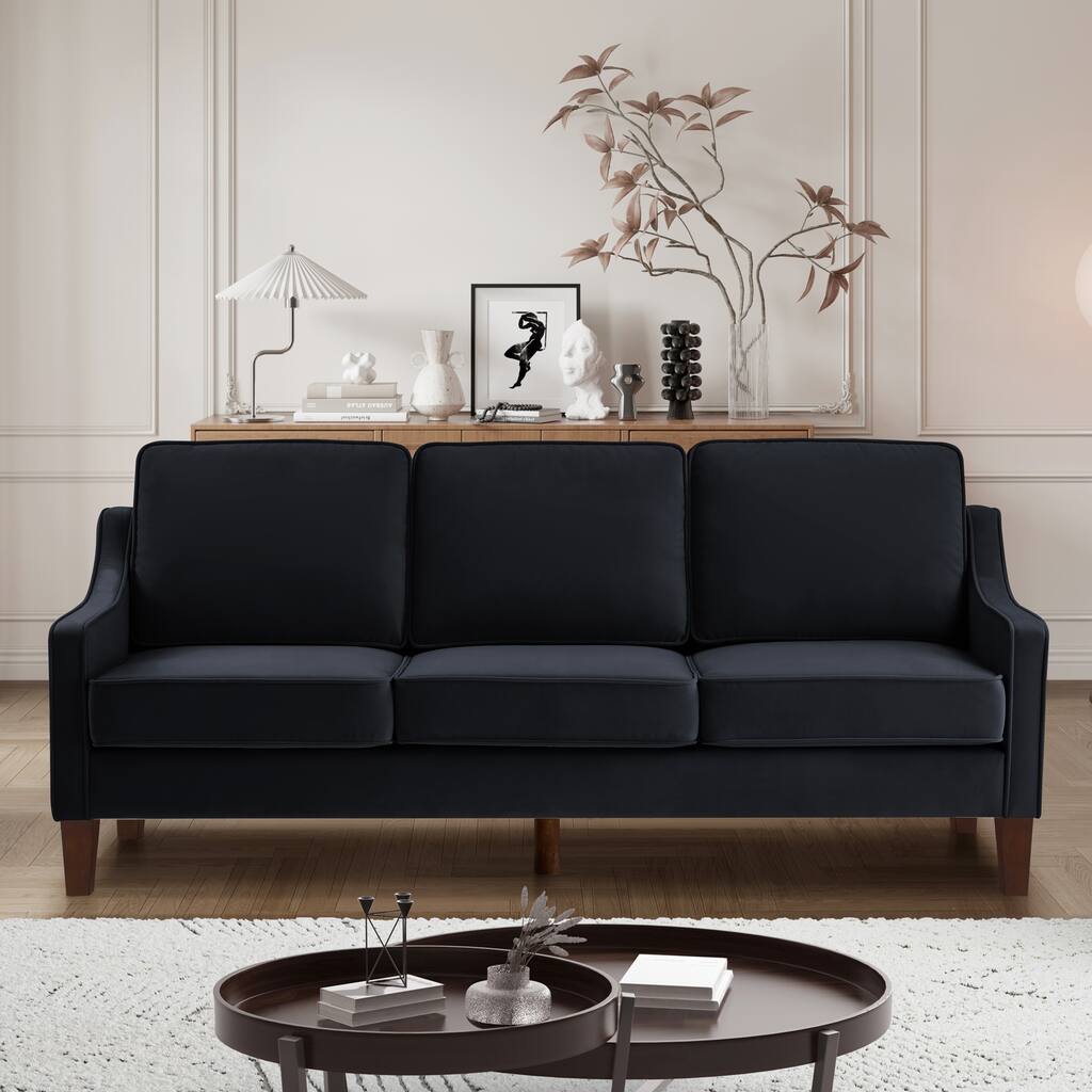 Modern 3-Seat Sofa Couch with Scooped Armrest and Wood Legs - 29.00 x 74.00 x 34.25