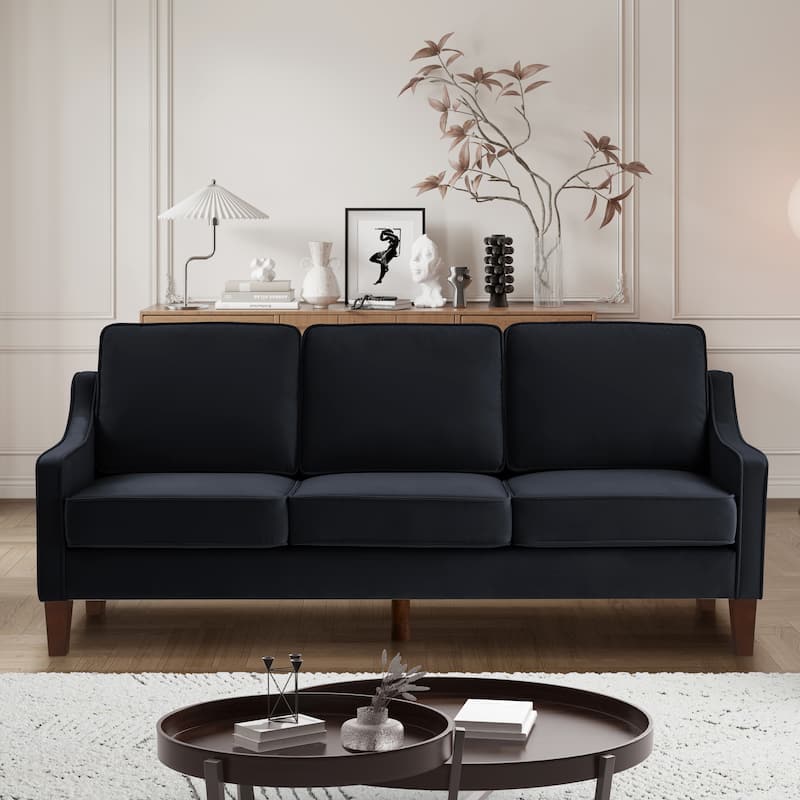 Modern 74" Velvet 3-seater Upholstered Sofa with Scooped Armrest and Removable Cushions for Living Room - Black