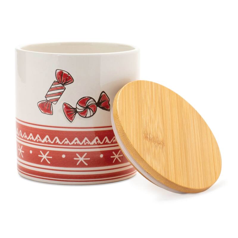 Ceramic Peppermint Canister Set of 4 with Wood Lids for Holiday Decor