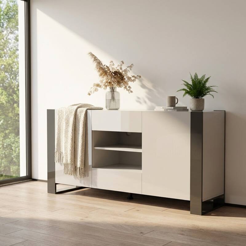 Meble Furniture Woody 65-inch Modern Sideboard Buffet with Metal Legs and Open Shelf Display