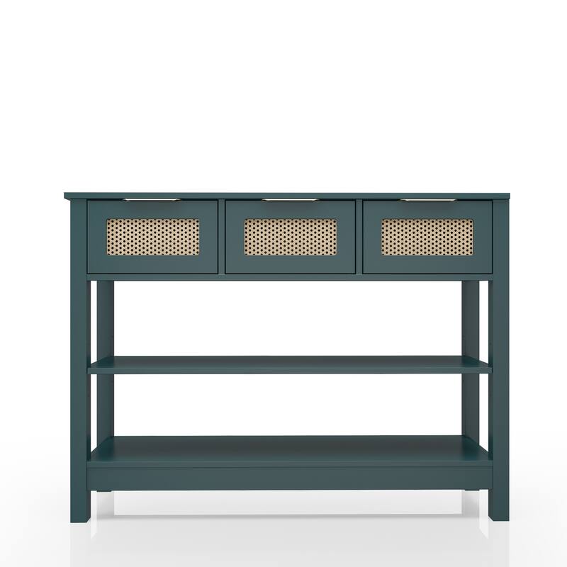 Anmytek Teal Rattan Entryway Console Table with 3 Drawers Adjustable Shelves Boho Chic Storage - Green