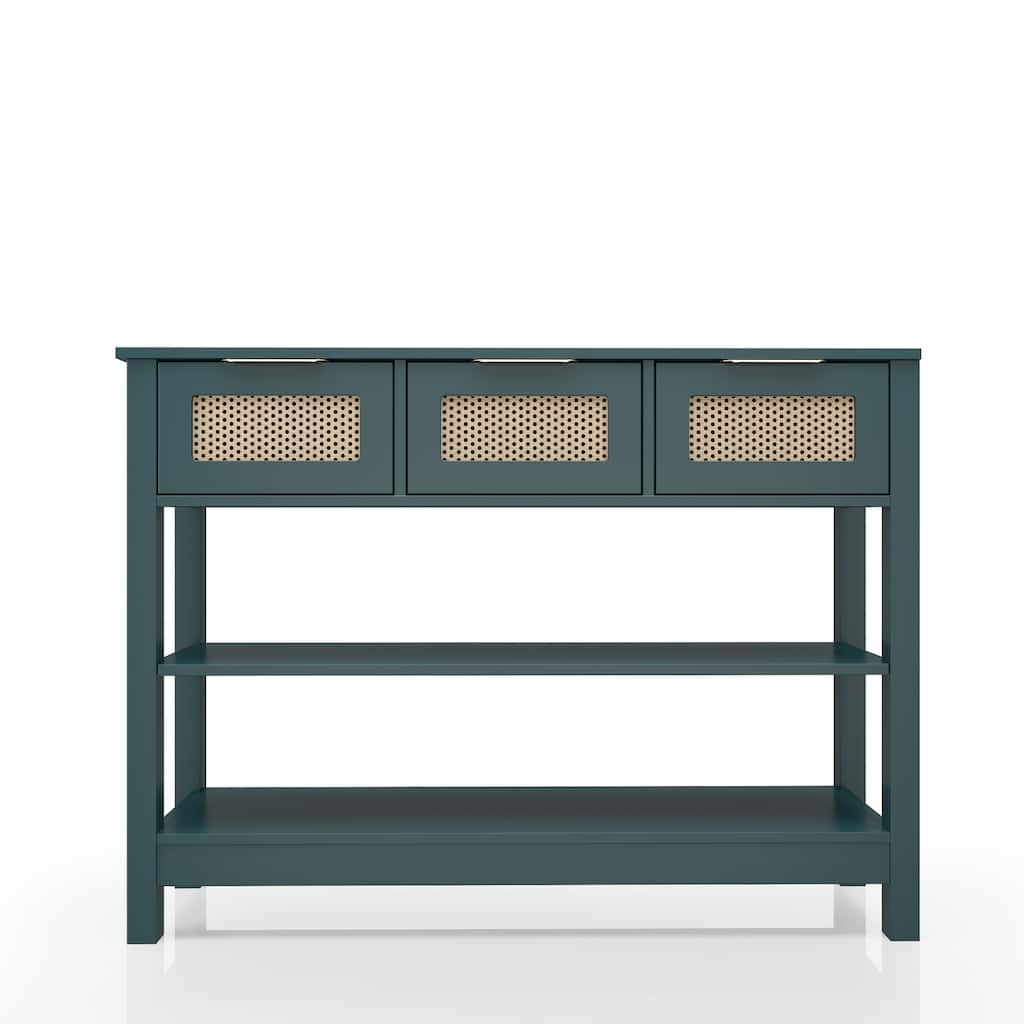 Anmytek Teal Rattan Entryway Console Table with 3 Drawers Adjustable Shelves Boho Chic Storage