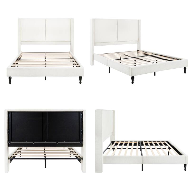 Boucle Upholstered Platform Bed with 55.5" High Wingback Headboard, Slats Support, Solid Wood Feet and Optional King or Queen