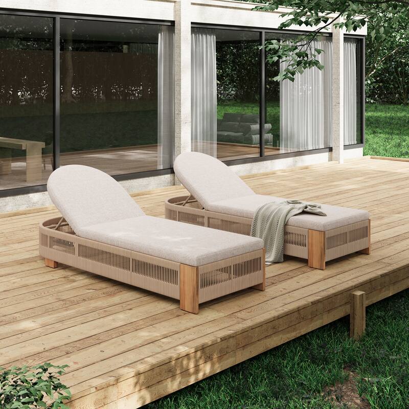 Outdoor Chaise Lounge Chair, Acacia wood Pool Chair with Adjustable Backrest and Cushion