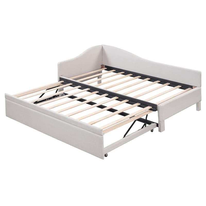 L-Shaped Backrest Platform Bed, Twin to King Extendable Daybed, Linen Upholstered Low Profile Panel Bed with Pop Up Trundle