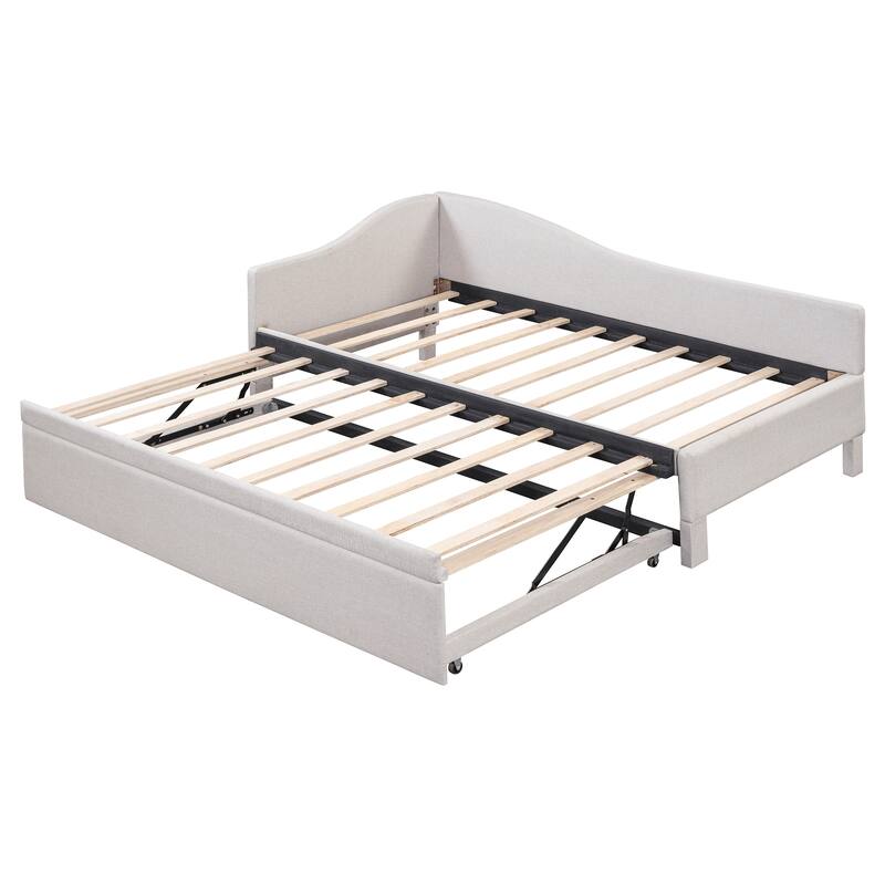 Twin Size L-Shaped Upholstered Daybed with Pull-Out Trundle, Linen Fabric, Convertible to Irregular King