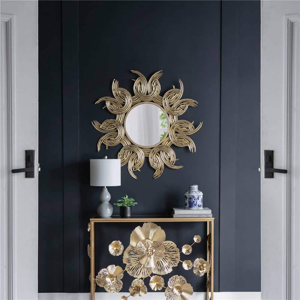 Metal Decorative Mirror with Gold Finish, Wall Decor Sun Mirror