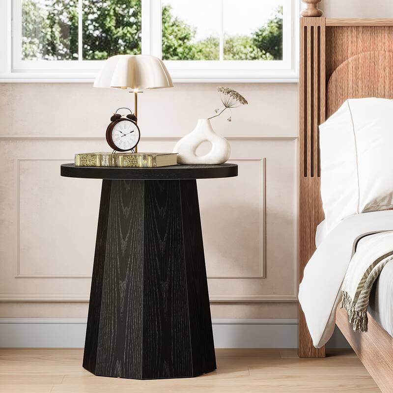 Round End Table, Wooden Couch Side Table, Nightstand Accent Furniture for Living Room, Bedroom