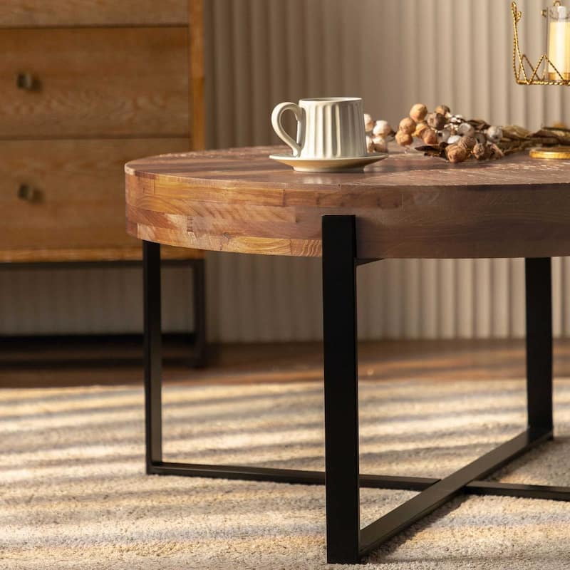 Modern Retro Round Coffee Table with Gold Cross Legs