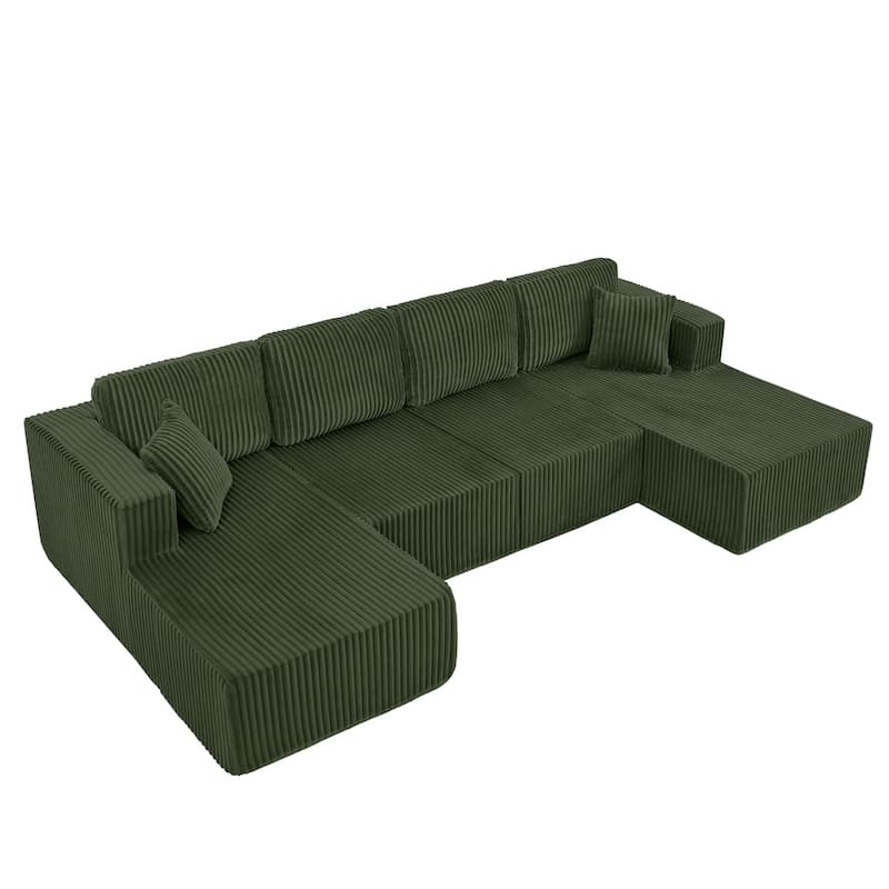 U-Shaped Modular Sectional Sofa with Dual Chaise Lounges, Oversized Corduroy Boneless Couch, Compressed Sofa with Pillows