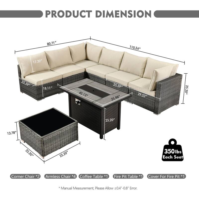 HOOOWOOO 8-piece Grey Wicker Patio Furniture Set Sectional Sofa with Fire Pit Table
