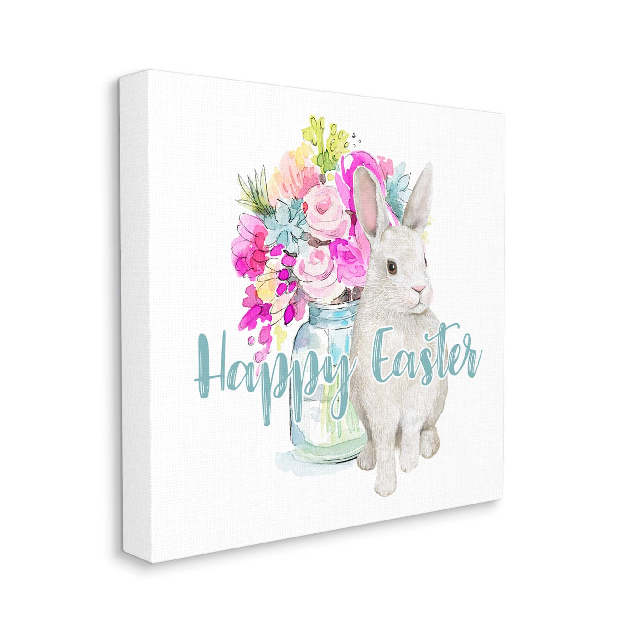 Stupell Happy Easter Calligraphy Bunny Pink Flower Bouquet Canvas Wall ...