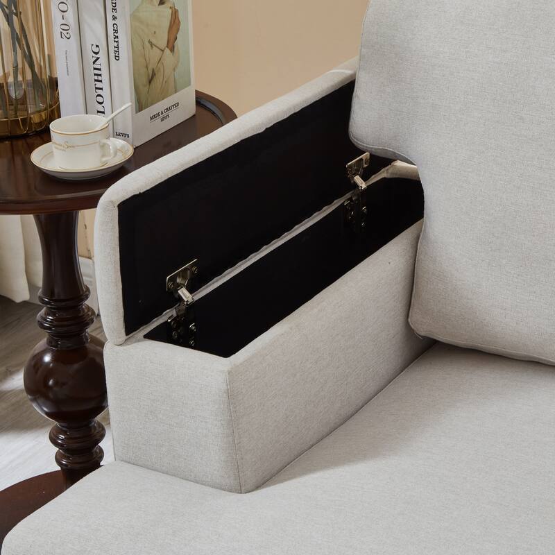 L Shaped 3 Seats Sofa with Armrest Organizer, Linen Sectional Sofa with Movable Ottoman, Comfy Upholstered 3 Seater Couch,