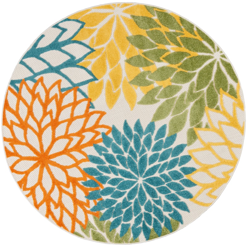 Nourison Alice Indoor/Outdoor Blue Floral Area Rug - 4' x Round - Turquoise/Multicolor