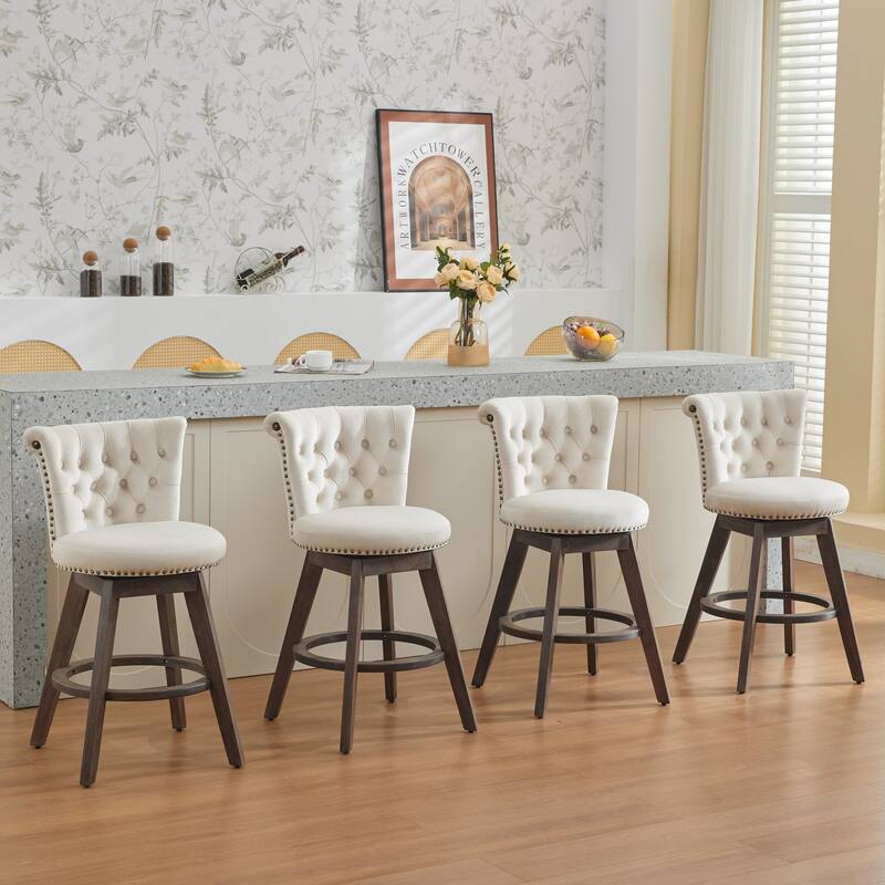 Velvet Upholstered Counter Height Bar Stools Set of 2, Tufted Button Swivel Bar Stools, Kitchen Counter Stools with Wood Legs