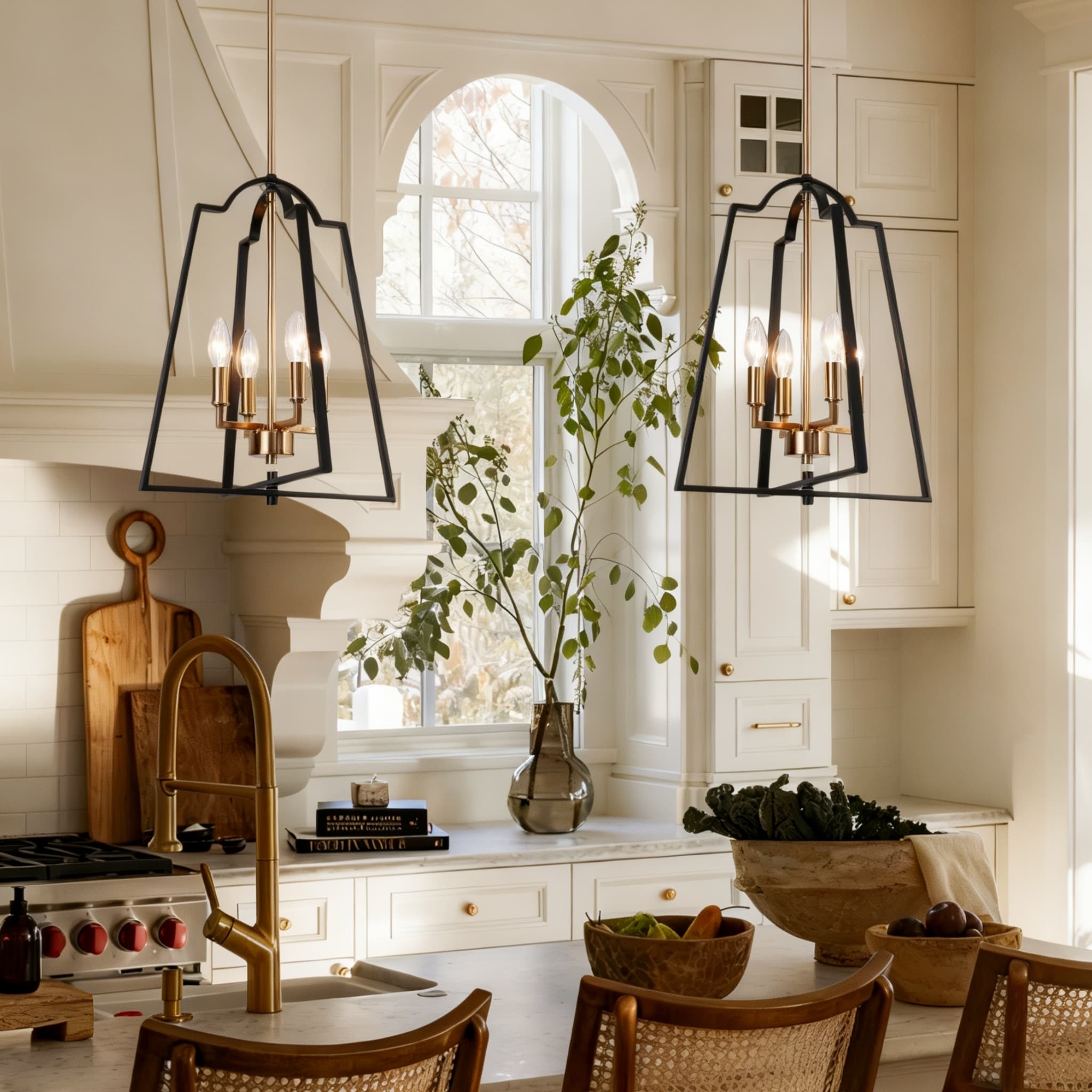 Modern 4-Light Geometric Chandelier Black Gold Pendant Lights for Dining Room - 14" W x 17.5" H
