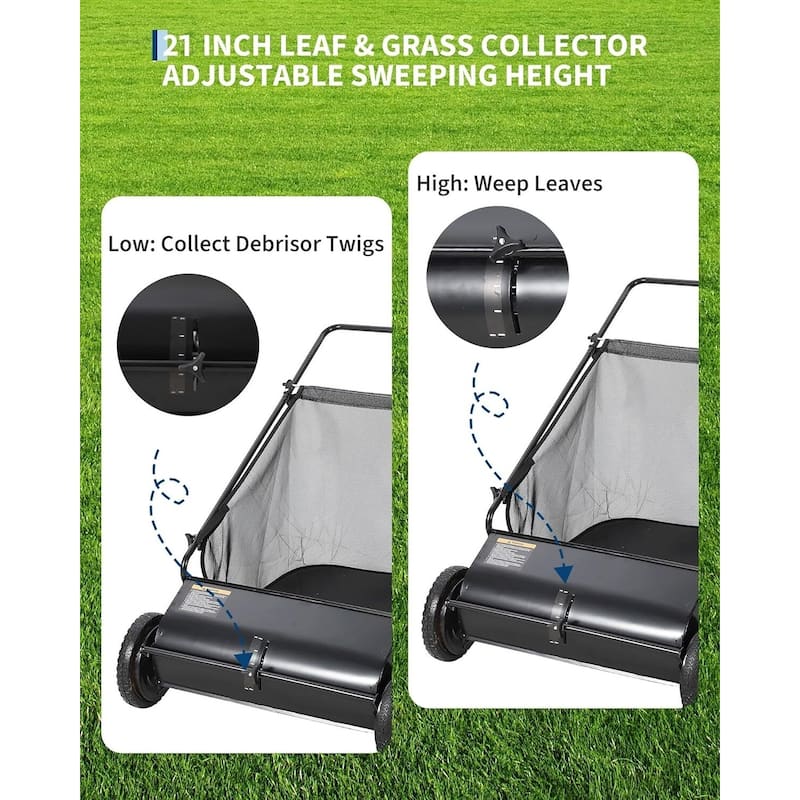 21-Inch Push Lawn Sweeper 35 cu. ft. Capacity Adjustable Height for Grass Leaves and Debris