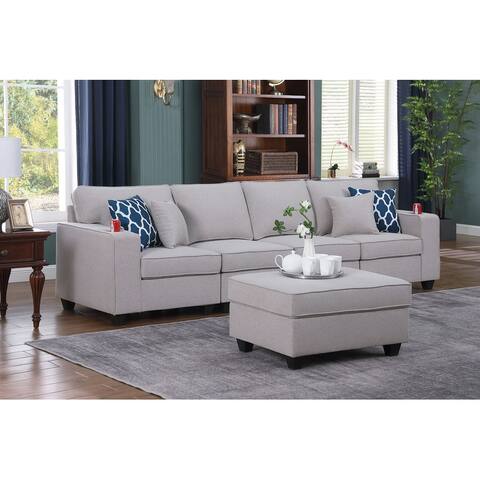 Cooper Linen 4-Seater Sofa with Ottoman and Cupholder
