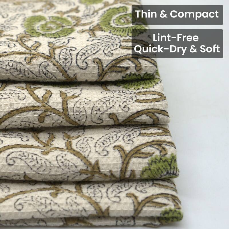 Fabdivine Honeycomb or Waffle Weave Hand Block Floral Print Hand Towel, Kitchen Gift Use - Sanjivani- Brown, Green, Black - Set of 4