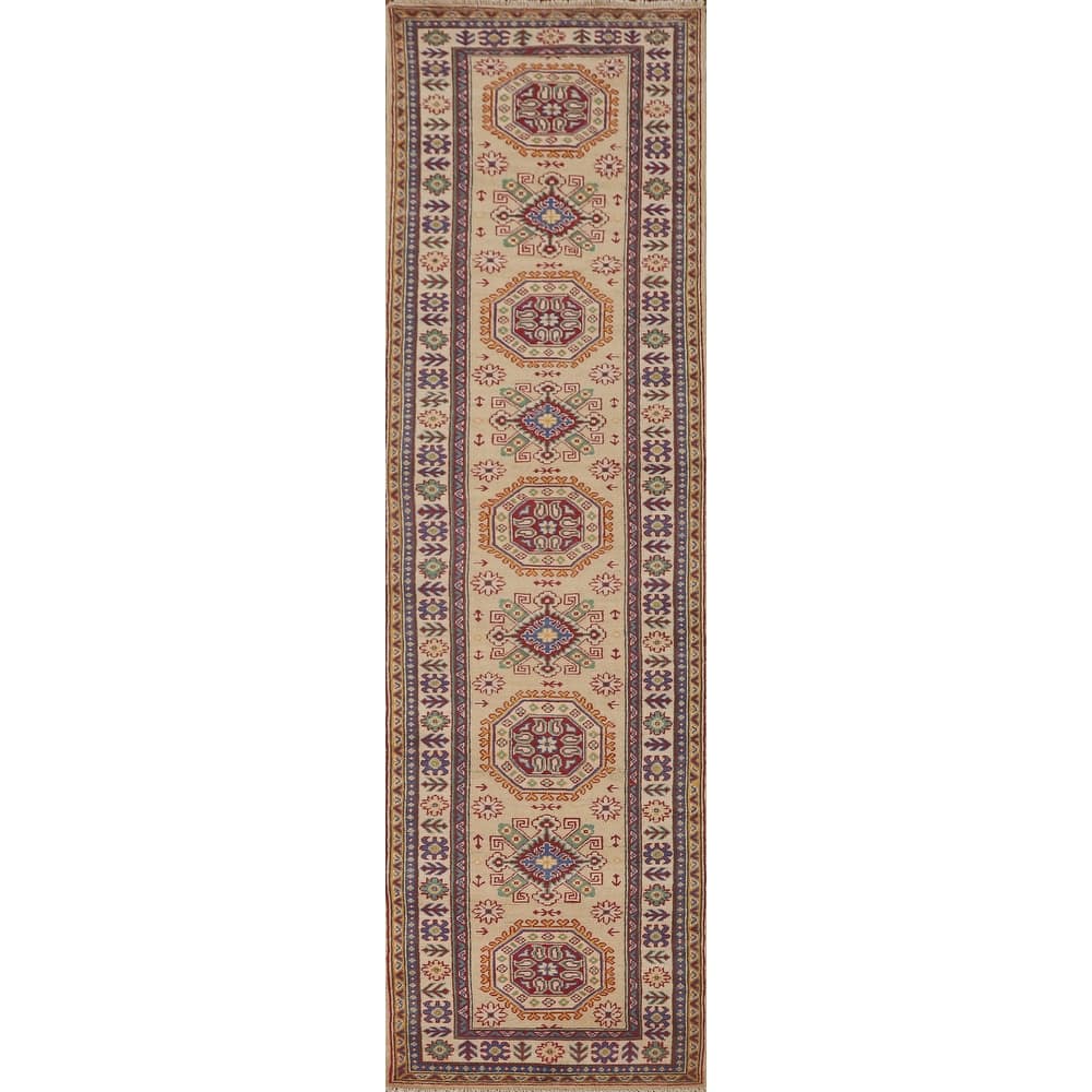Geometric Kazak Runner Rug Hand-Knotted Yellow Wool Carpet - 2'10" x 13'0"