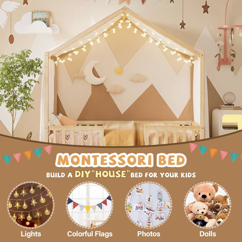 Roomfitters Montessori Floor Bed with Canopy, House Shape Wood Frame with Safety Rails, Youth Platform Bed