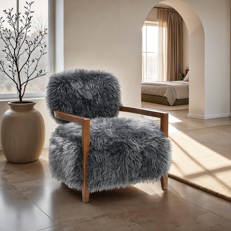 1pc Accent Chair Raked Wooden Arms Tight Back And Seat Soft Faux Fur Contemporary Living Room Furniture - Charcoal grey