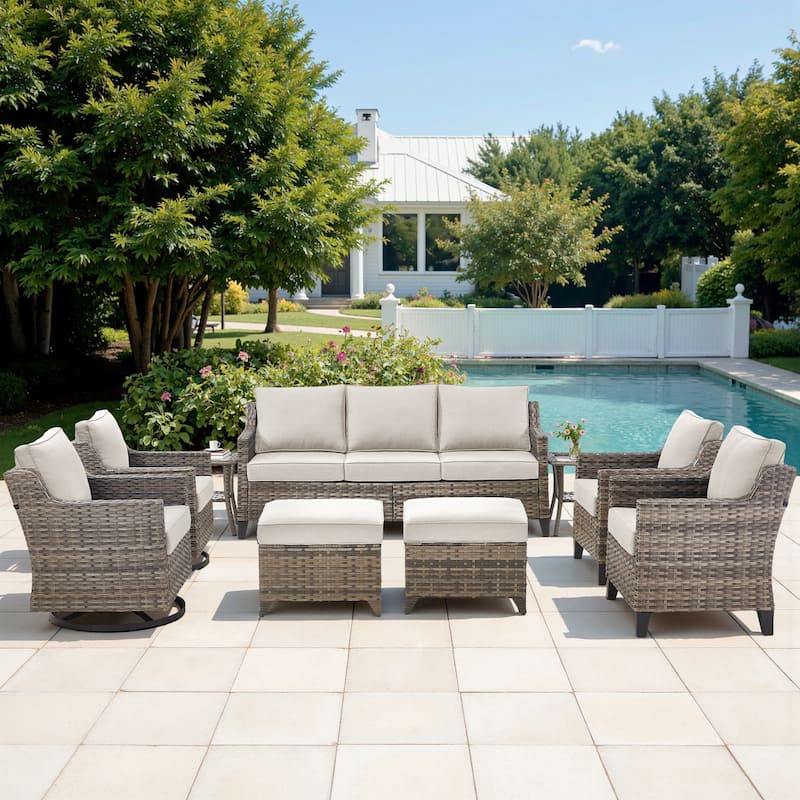 Pocassy Outdoor All-Weather Outdoor Sofa, Swivel Chair, Ottoman Sets - Grey Wicker Beige Cushion - 9 Pieces Sofa Chair Table with Ottoman