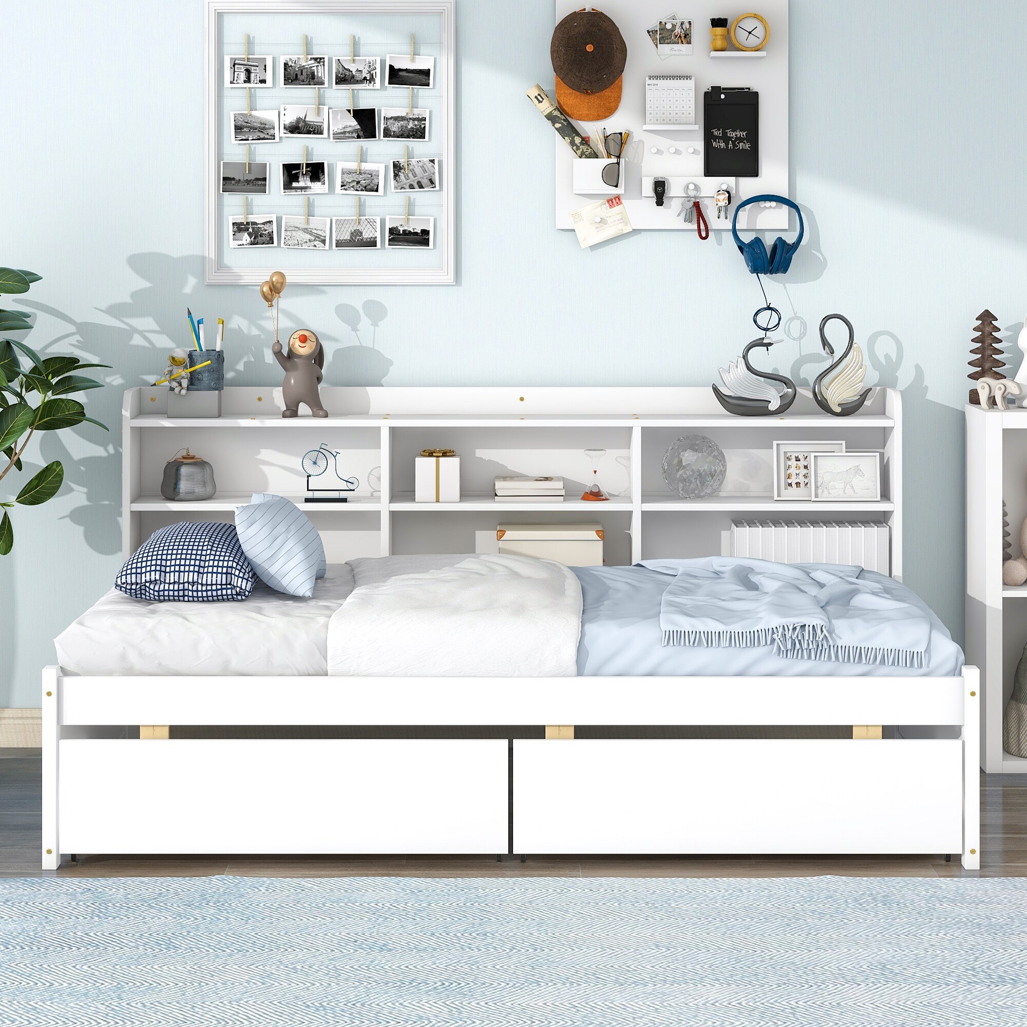 Twin bed with shop side bookcase