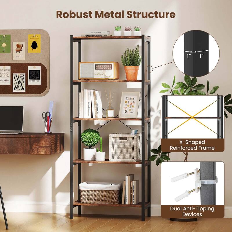 Costway 1/2 PCS 5-Tier Bookshelf Bookcase with Metal Frame & Dual