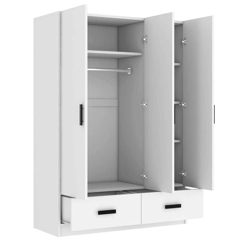 3 Door Bedroom Wardrobe Armoire with 2 Storage Drawers and Hanging Rod, Solid Wood Closet with Storage Shelves