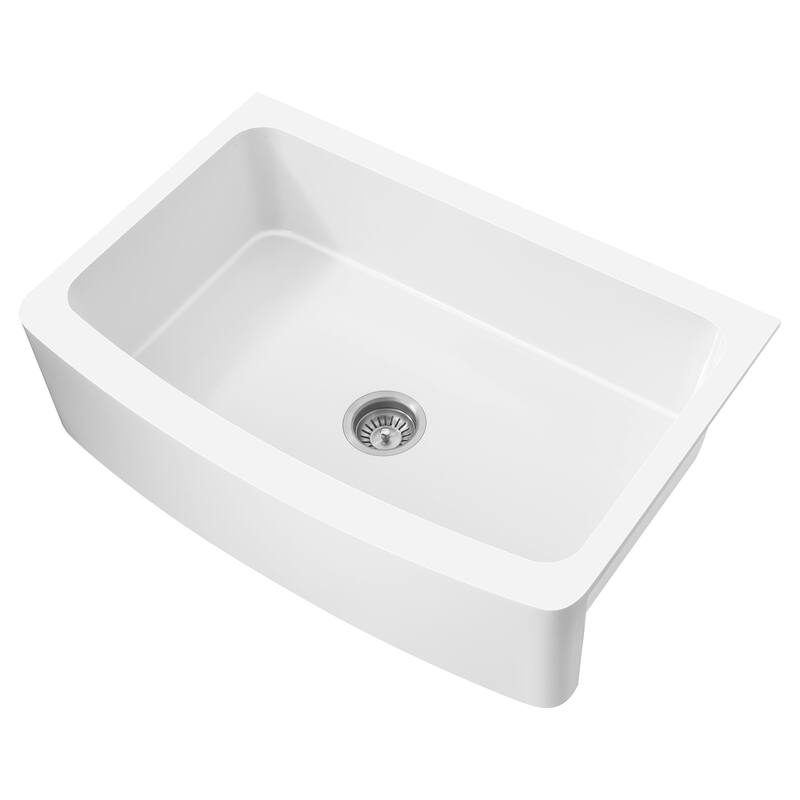ANZZI Mesa Matte White Solid Surface Farmhouse 33 in. Single Bowl Kitchen Sink with Strainer