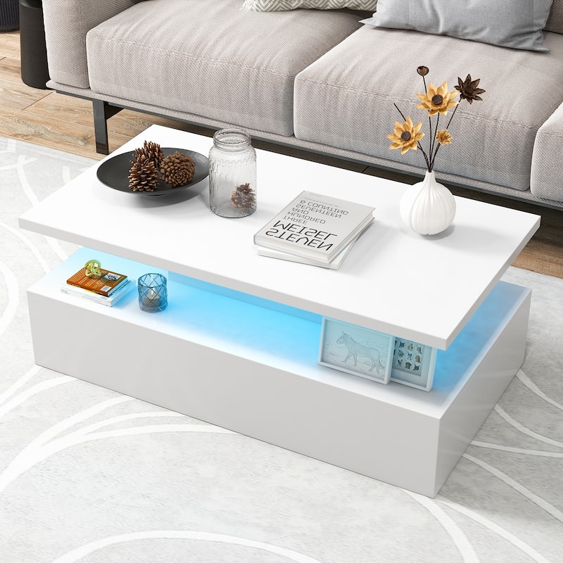 MDF LED High Glossy Table with High Gloss Finish and 2-Tier Storage Shelf - 43.5" x 23.5" x 16"