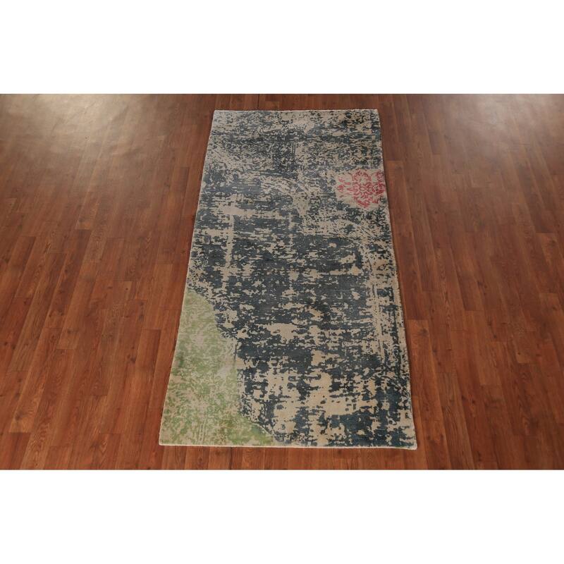 Contemporary Abstract Oriental Foyer Rug Hand-Knotted Grey Wool Carpet - 3'1"x 6'5"
