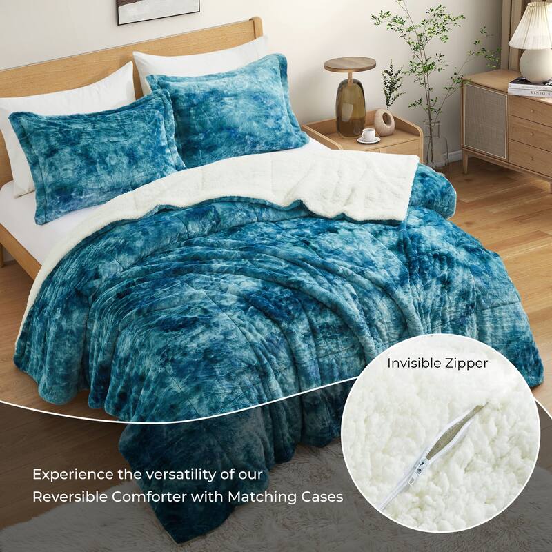 3PC Reversible Sherpa Down Alternative Comforter Set with Solid Color