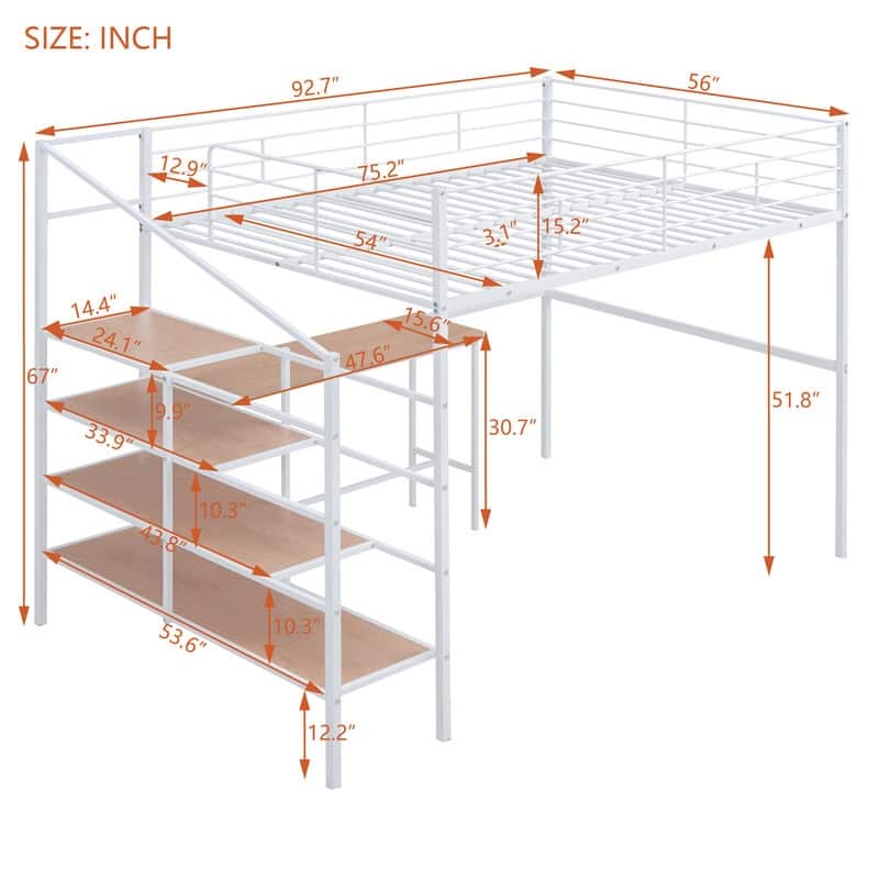 Metal Loft Bed with Desk and Lateral Storage 4-layers Ladder,Full Size