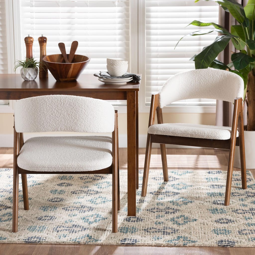 Virden Boucle Upholstered Dining Chair Set of 2- Mid-Century Modern Armchair with Curved Open-Back, Walnut Brown and White