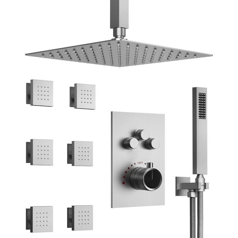 GRANDJOY Thermostatic Shower System 12 inch Ceiling Mount Shower Head 6 Body Jets Handheld Spray with Hose High Pressure - Brushed Nickel