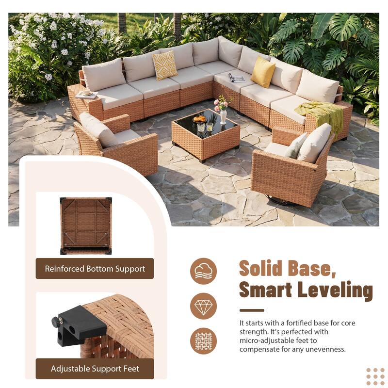 Outdoor L-Shaped Conversation Set Sectional Sofa 10-Piece Swivel Chair with Cushions Coffee Table PE Wicker Rattan