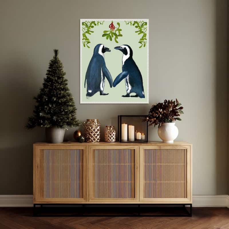 Penguins And Mistletoe by Fab Funky (23 x 28 in.), Framed Canvas Wall Art Print - Sylvie Beaded White