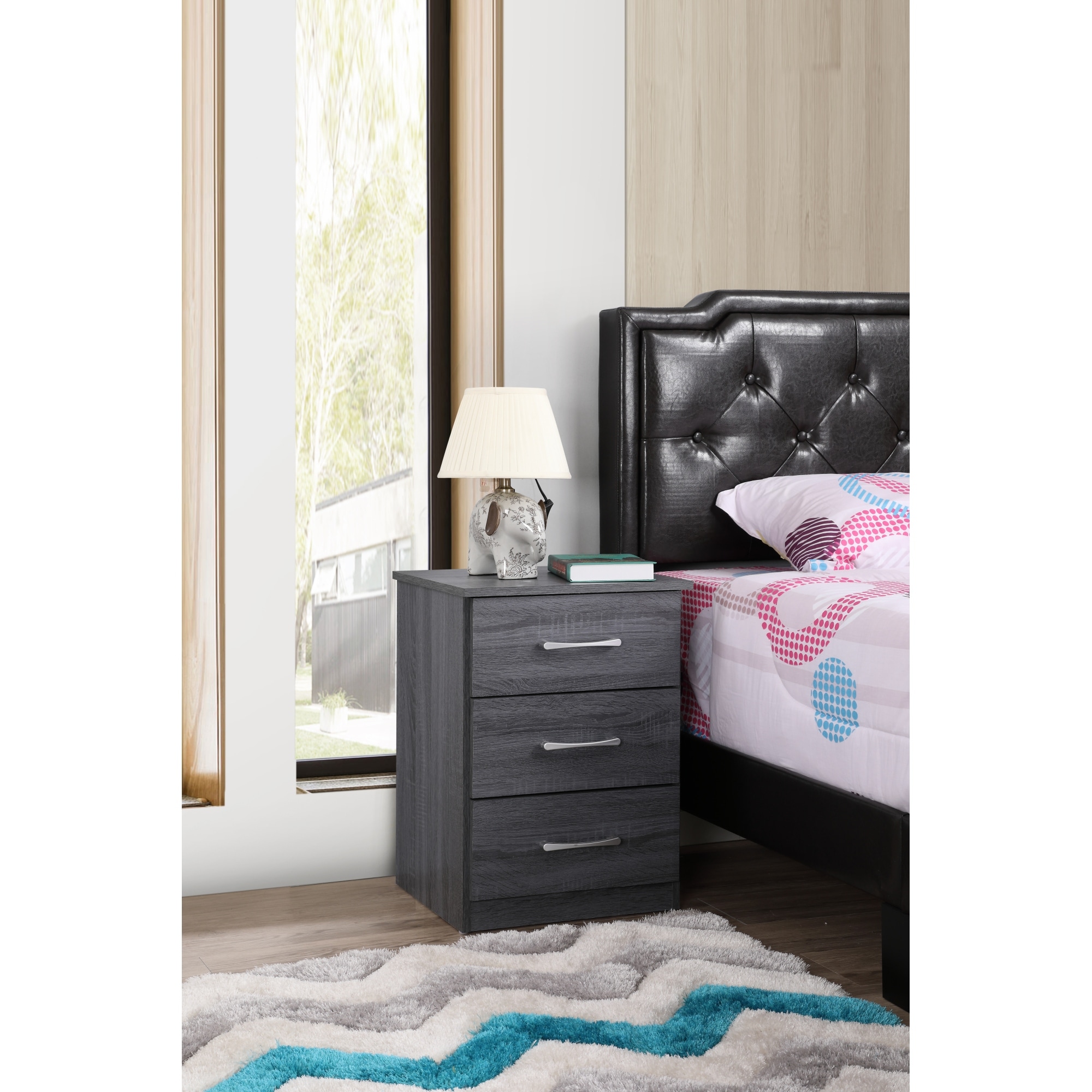 Roomfitters 3-Drawer Nightstand, Chic Wood Grain, Silver Handles, Contemporary Modern Bedroom End Table