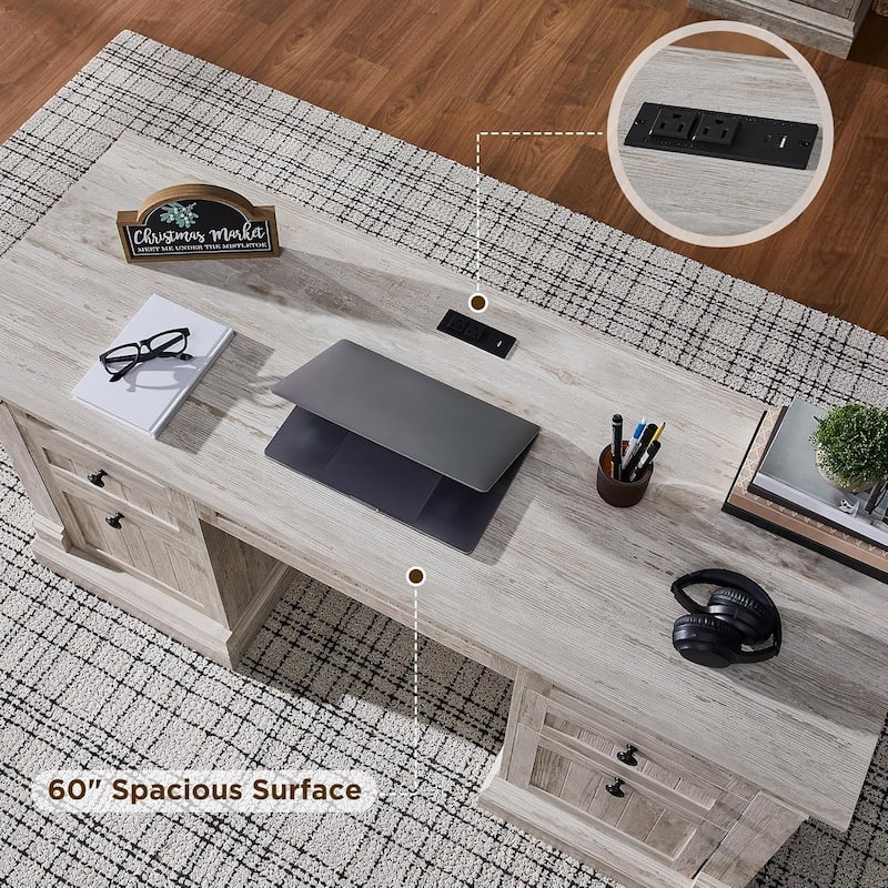 Farmhouse Computer Desk, Wood Home Office Desk with Charging Station