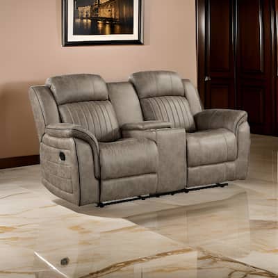 Bento 74 Inch Manual Recliner Loveseat, Console, Sandy Brown Microfiber