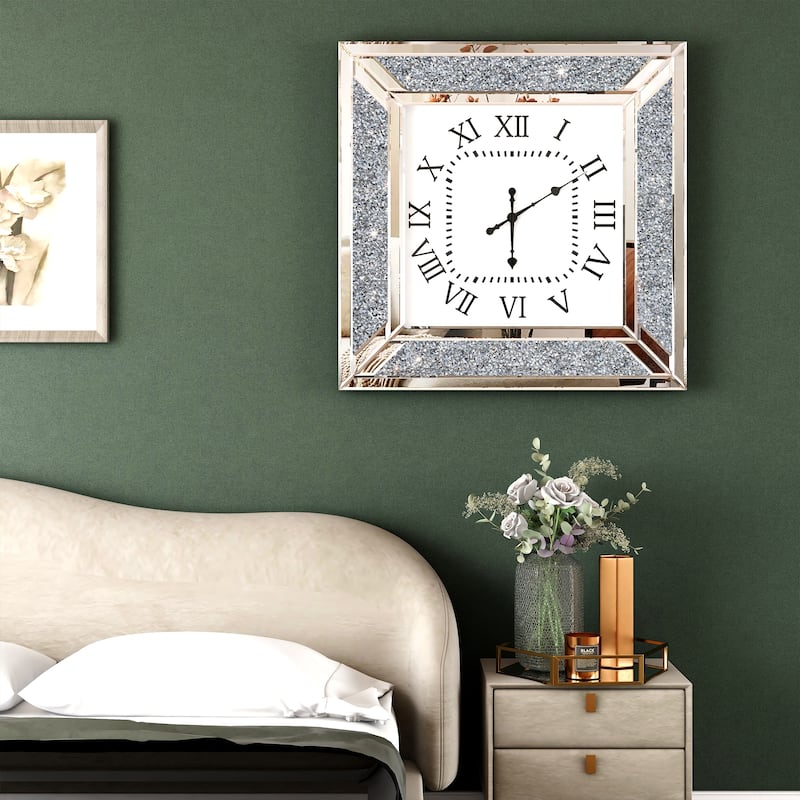Glass Wall Clock with Diamond Crystal - Silver