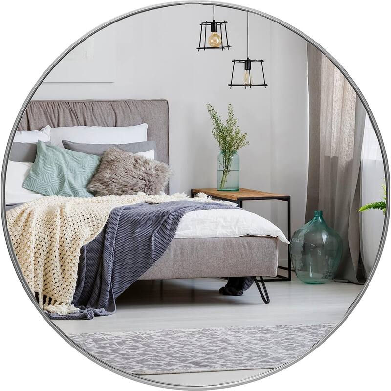 36 Inch Metal Framed Round Bathrrom Mirror For Wall - Silver