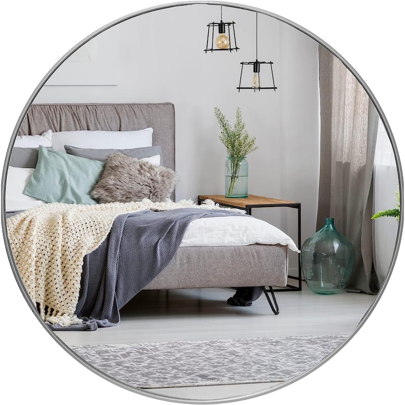36 Inch Metal Framed Round Bathrrom Mirror for Wall - Silver