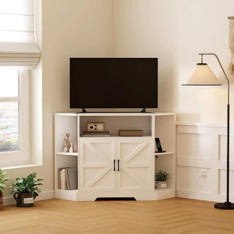 Corner Tv Stand for Tvs Up to 55 Inch with Power Outlet, Entertainment Center - N/A - White