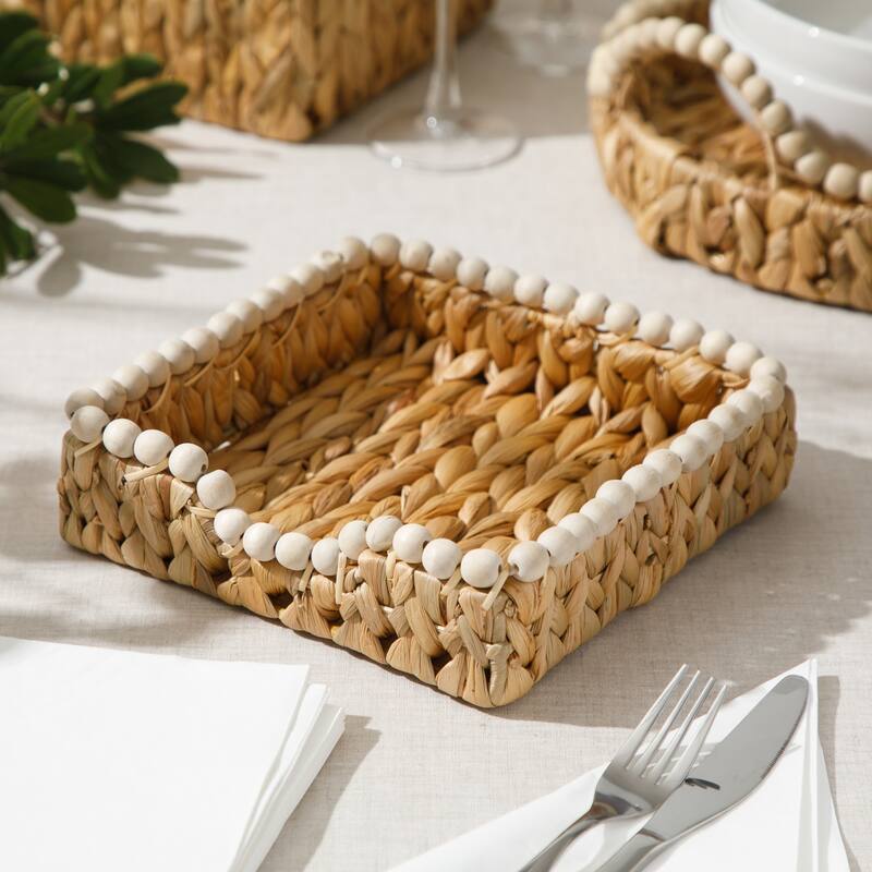 Gibson Home Woven Decorative Napkin Holder Tray - Natural Water Hyacinth Square Basket with Wood-Bead Trim