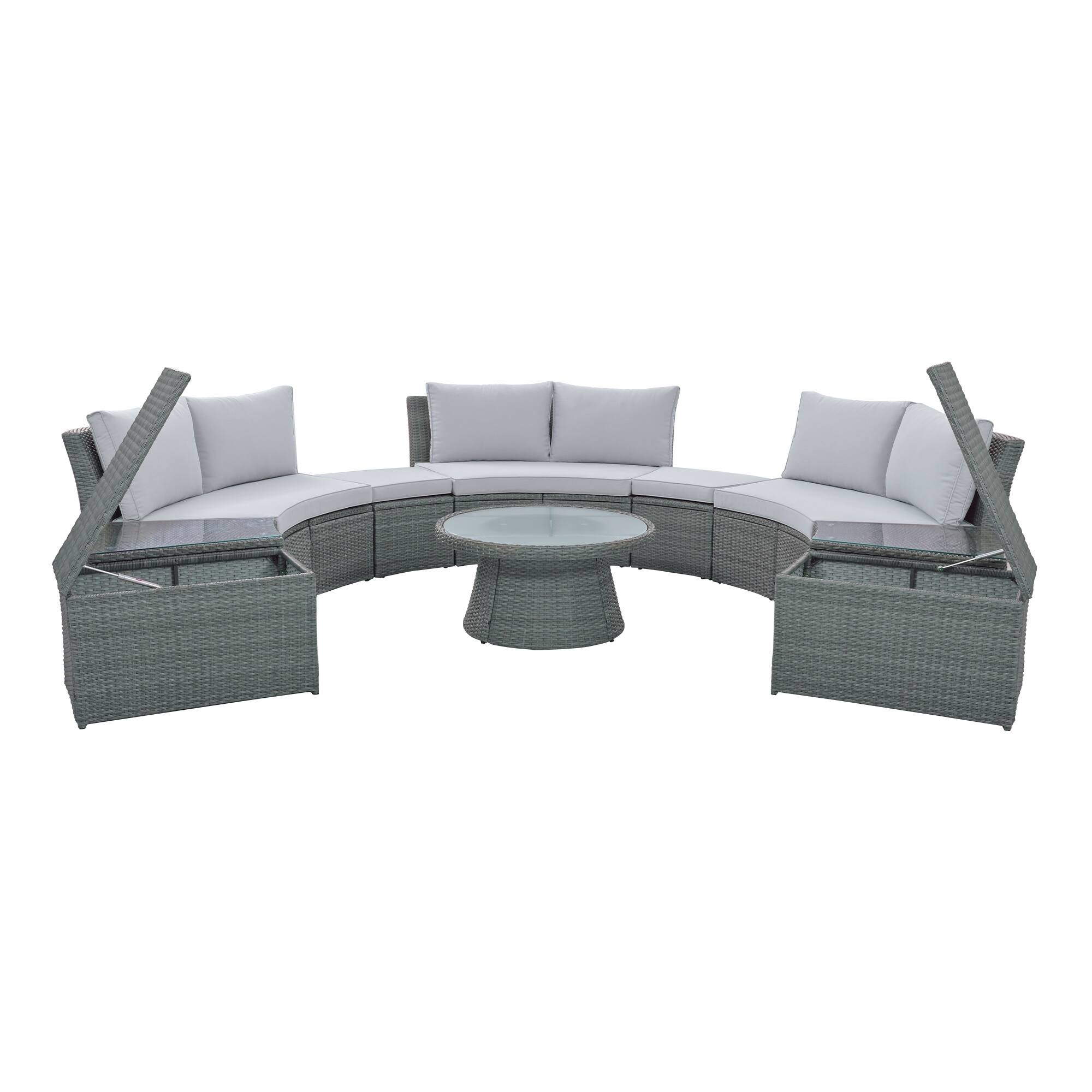 Half Round Rattan Sofa Set, 10Piece Outdoor Sectional with Storage